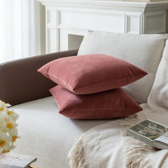 Set of 2 Mauve Soft Velvet Pillow Covers 18 Inch Rose Pink Square Zip Pillows - Picture 3 of 7
